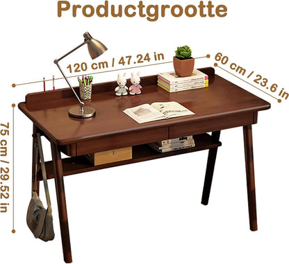 Bureau met 2 Laden, Computer Bureau, Walnoot Massief Houten Bureau, Werktafel om Studeren en Schrijven, PC-Tafel voor Thuis en Kantoor, 120 x 60 x 75 cm, Walnoot