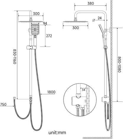 Doucheset – Regendoucheset – Doucherails – Douchekop Vierkant – 30,5 cm – RVS & Chroom – 3 Straalsoorten Handdouche – Verstelbare Stang 80-108 cm
