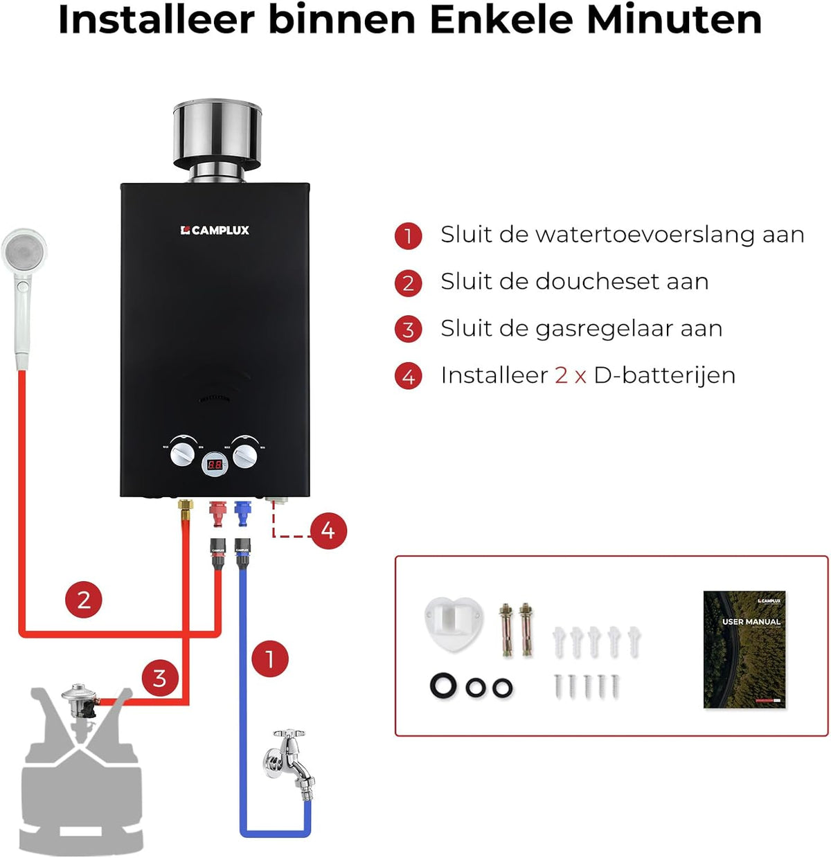 Camplux BW264BC 10 l gasboiler met regendeksel, gar-standaard, CE-gecertificeerd, voor kamperen, campers, paardenwassen