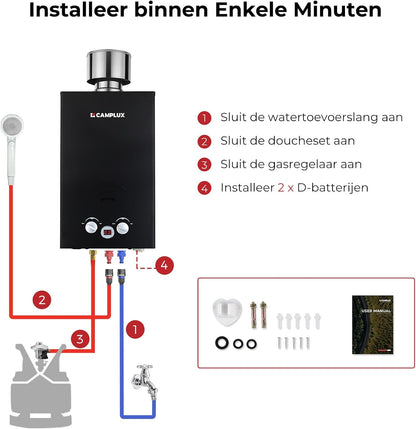 Camplux BW264BC 10 l gasboiler met regendeksel, gar-standaard, CE-gecertificeerd, voor kamperen, campers, paardenwassen