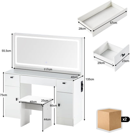 CLIPOP Dressing Table with Large Mirror and 12 LED Lights Hollywood, Adjustable Brightness, Dressing Table with 7 Drawers and Stool, Modern White Makeup Table Set (DR-0457) - QUORE