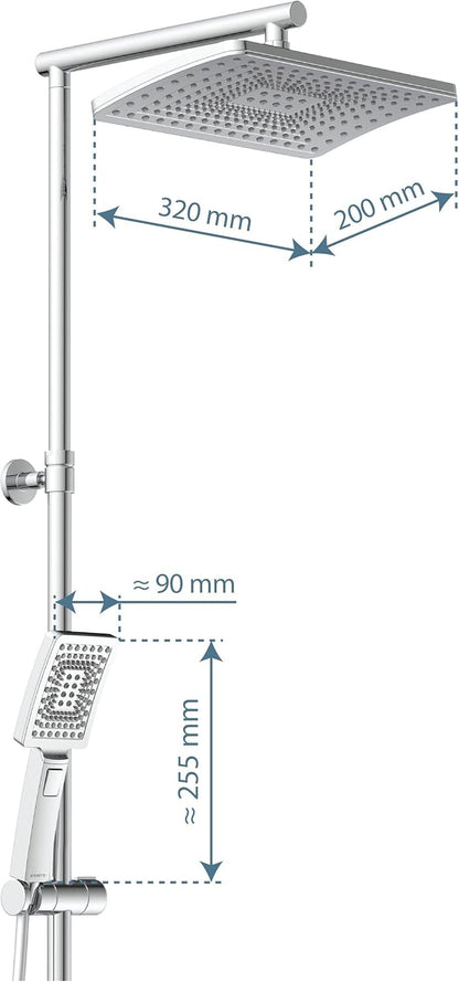 Douchesysteem – Doucheset – Douchezuil – Douchepaneel – Regendouche – Thermostaatkraan – Grote Regendouche 32x20 cm – Verstelbare Handdouche – Waterbesparend – Chroom