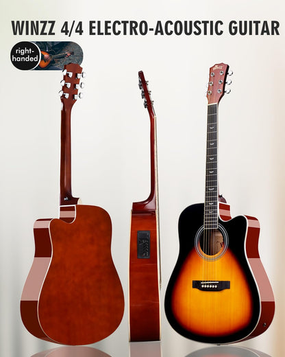 Winzz 4/4 elektrische akoestische gitaar, westerngitaarset voor volwassenen, akoestische gitaar 41 inch met 4-bands equalizer (dreadnought,glanzend)
