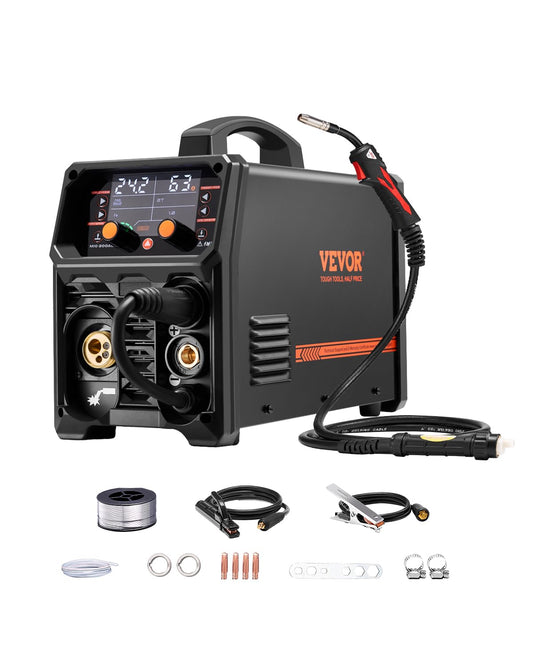 VEVOR MIG Welding Machine, 200 A, Syergetic Welding Machine, Portable MIG Gas Free 5-in-1 Gas Free Welding Machine, with IGBT Inverter Technology, LCD Display, TIG Lift Flashlight Not Included