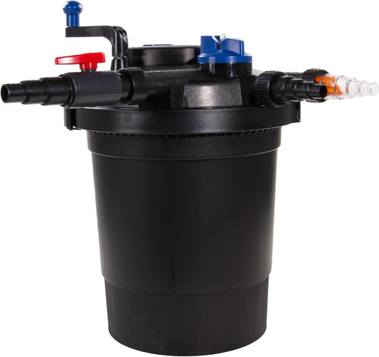 AquaForte GPF-10000 (11 watt) drukfilter, vermogen 11 watt, spanning 230 V, frequentie 50 Hz, ingang/uitgang 19/25/32/40 mm, aanbevolen debiet 10.000 l/u, geschikt voor siervijvers tot 12.000 liter