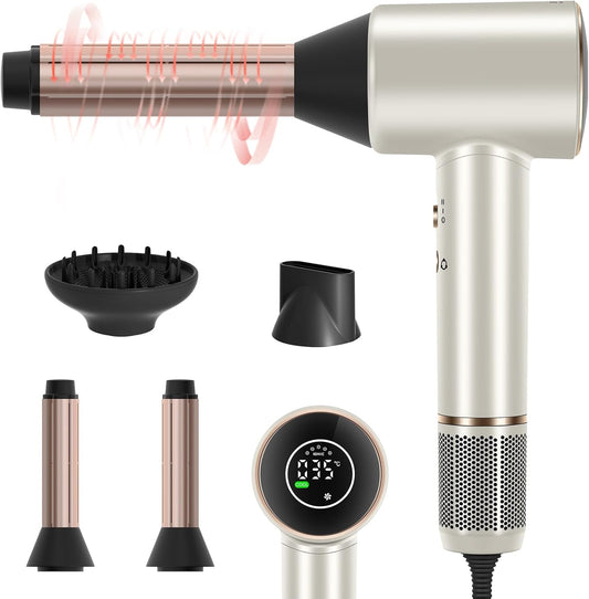 Föhn – Haardroger – Stylingföhn – Ionische Föhn – Reisföhn – Champagnekleur – 110.000 Tpm Borstelloze Motor – 2x 32 Mm Auto-Wrap Curler