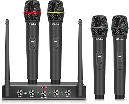 D Debra Audio AU400 PRO UHF 4-kanaals draadloos microfoonsysteem, draadloze handheld dynamische karaokemicrofoon met ontvanger voor zingen, bruiloft, DJ, feest, spraak, kerk
