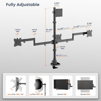 Monitorhouder voor 4-monitoren voor 49 inch ultrawide-schermen boven en 3 x 27 inch schermen op onderste houders, in hoogte verstelbaar, VESA 75/100, zwart
