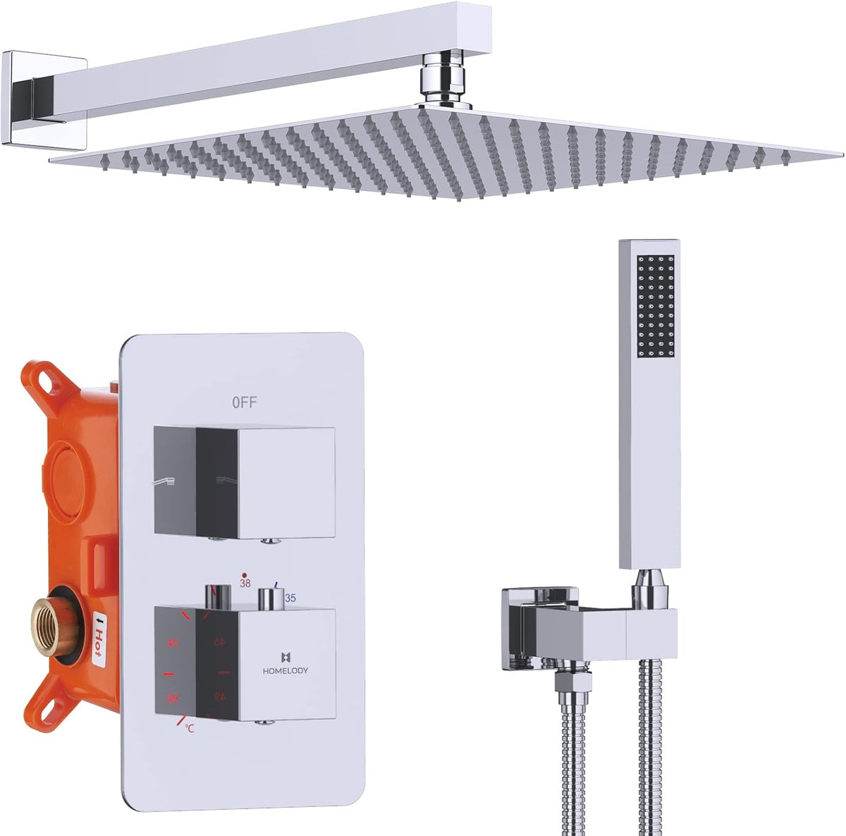 Douchekraan – Douchesysteem – Thermostaatkraan – Douchemengkraan – Regendouche – Inbouw – 30 cm Regendouchekop – Messing & Chroom