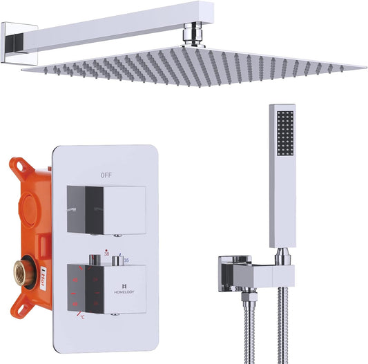 Douchekraan – Douchesysteem – Thermostaatkraan – Douchemengkraan – Regendouche – Inbouw – 30 cm Regendouchekop – Messing & Chroom