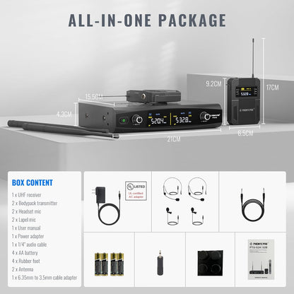 Phenyx Pro UHF Draadloos microfoonsysteem met 2 x 30 instelbare frequenties, draadloze metalen microfoonset, 61 m bereik, 2 bodypacks & headsets/microfoons voor spreken, zingen, kerk, DJ