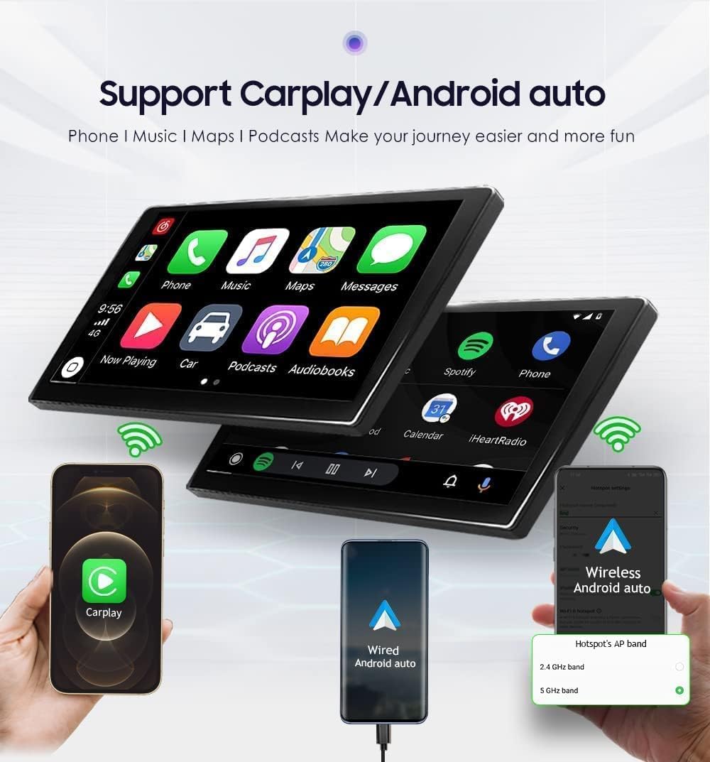 Single 1 DIN autoradio met Apple CarPlay Android Auto draadloos, 10.1" afneembaar HD draaibaar kantelbaar touchscreen GPS Navi Bluetooth, ondersteuning back-up camera, audio video ontvanger