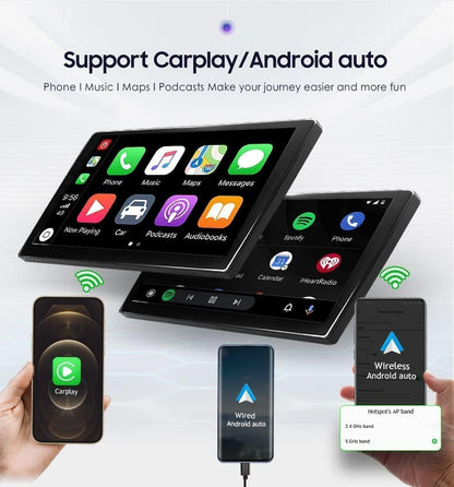 Single 1 DIN autoradio met Apple CarPlay Android Auto draadloos, 10.1" afneembaar HD draaibaar kantelbaar touchscreen GPS Navi Bluetooth, ondersteuning back-up camera, audio video ontvanger