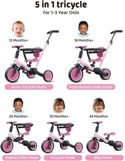 newyoo Driewieler voor 1-3 jaar, peuterfiets voor jongens en meisjes, driewieler voor peuters met ouder-schuifgreep, trike met rugleuning en veiligheidsgordel (Rosé)