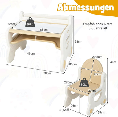 FANTASK Kinderzitgroep met in hoogte en kantelbaar tafelblad, kindertafel met kruk, om te tekenen, leren, spelen en eten, voor kinderen vanaf 3 jaar (bruin)