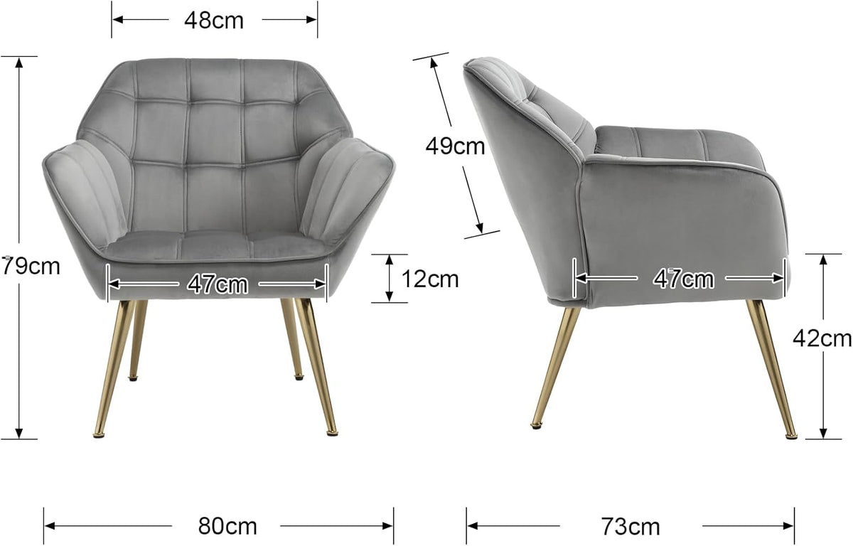 Fluwelen Tub Stoelen – Fauteuils – Fluwelen Stoelen – Relaxstoelen – Zithoeken – Grijs – Set Van 2 – Goudkleurige Metalen Pootjes – Hoog Zitcomfort