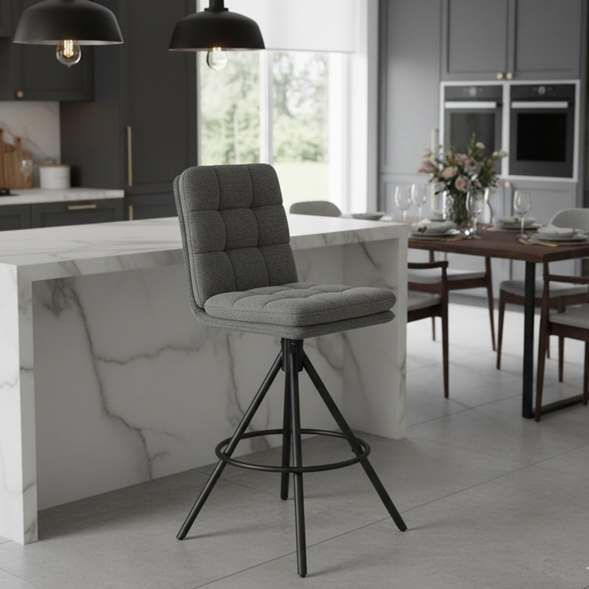 DUBI Möbel TAYO Premium Bar Stool, 360° Rotatable, Double Cushion and Fine Padded Backrest, Steel Frame with 4 Legs, Black Matte with Foot Ring, for Kitchen Island and Counter, Seat Height 71 cm - QUORE