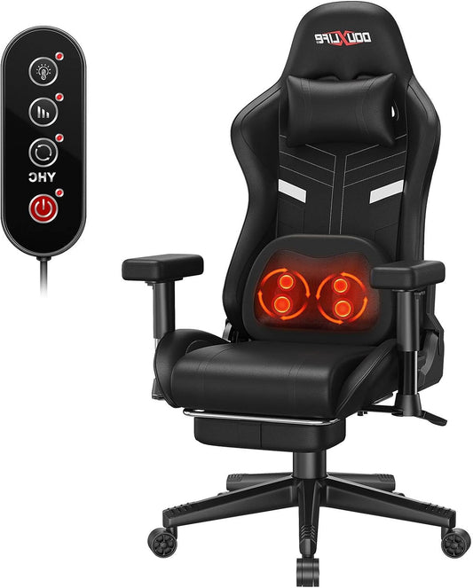Douxlife Gamingstoel met kneedmassage en verwarmingsfunctie, ergonomische bureaustoel met voetensteun, 90 °-175 graden verstelbaar, gevoerde 2D-armleuningen, gamerstoel, pc-stoel, 181 kg, zwart