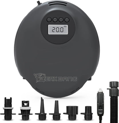 TIGERXBANG Elektrische SUP-pomp, 20 psi, hogedruk-peddelboardpomp met draagbaar digitaal lcd-scherm, elektrische luchtpomp voor opblaasbare -12 V DC auto-aansluiting, auto-off-functie