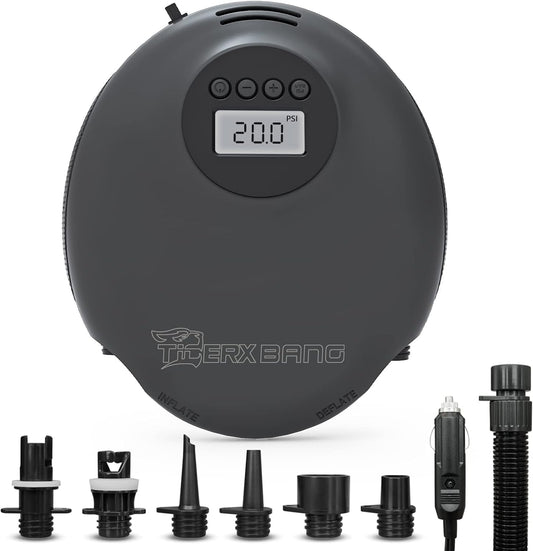 TIGERXBANG Elektrische SUP-pomp, 20 psi, hogedruk-peddelboardpomp met draagbaar digitaal lcd-scherm, elektrische luchtpomp voor opblaasbare -12 V DC auto-aansluiting, auto-off-functie