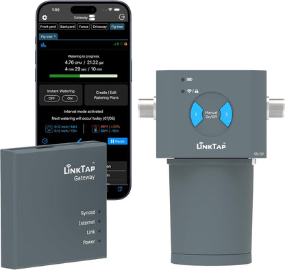 LinkTap Slimme irrigatiebesturing en gateway met 2 zones, op batterijen werkende irrigatieregelaar en app, weer-slim, beter bereik dan wifi, compatibel met LinkTap smart irrigatiecomputer, IP66