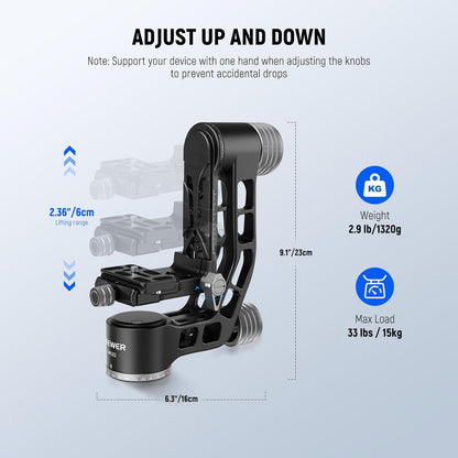 NEEWER GM102 Gimbalkop voor statief, monopod, telelens, 360° panorama-camera-statiefkop, 3-assige instelling, hoogwaardige CNC-aluminiumlegering, Arca-type snelspansysteem, maximaal 15 kg