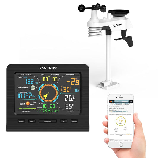 Raddy WF-100C Lite 13-IN-1 Draadloos weerstation voor binnen en buiten met temperatuur, luchtdruk, vochtigheid, anemometer, regenmeter, weersvoorspelling, voor huis, tuin