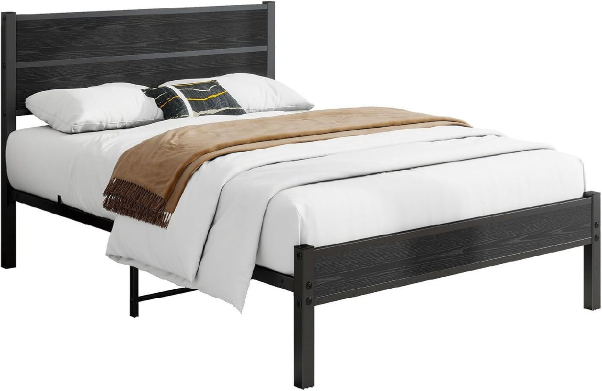 DUMEE Eenpersoonsbedframe met houten hoofdeinde en voetenplank, opbergruimte onder bed, zwart