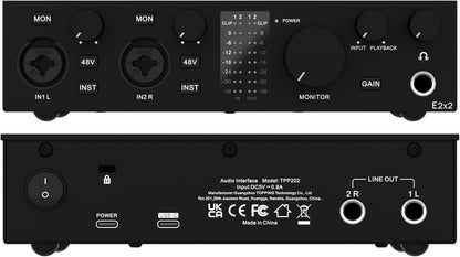 Topping Professional E2x2, USB-audio-interface en ultralineaire microfoonvoorversterkermodule (zwart)