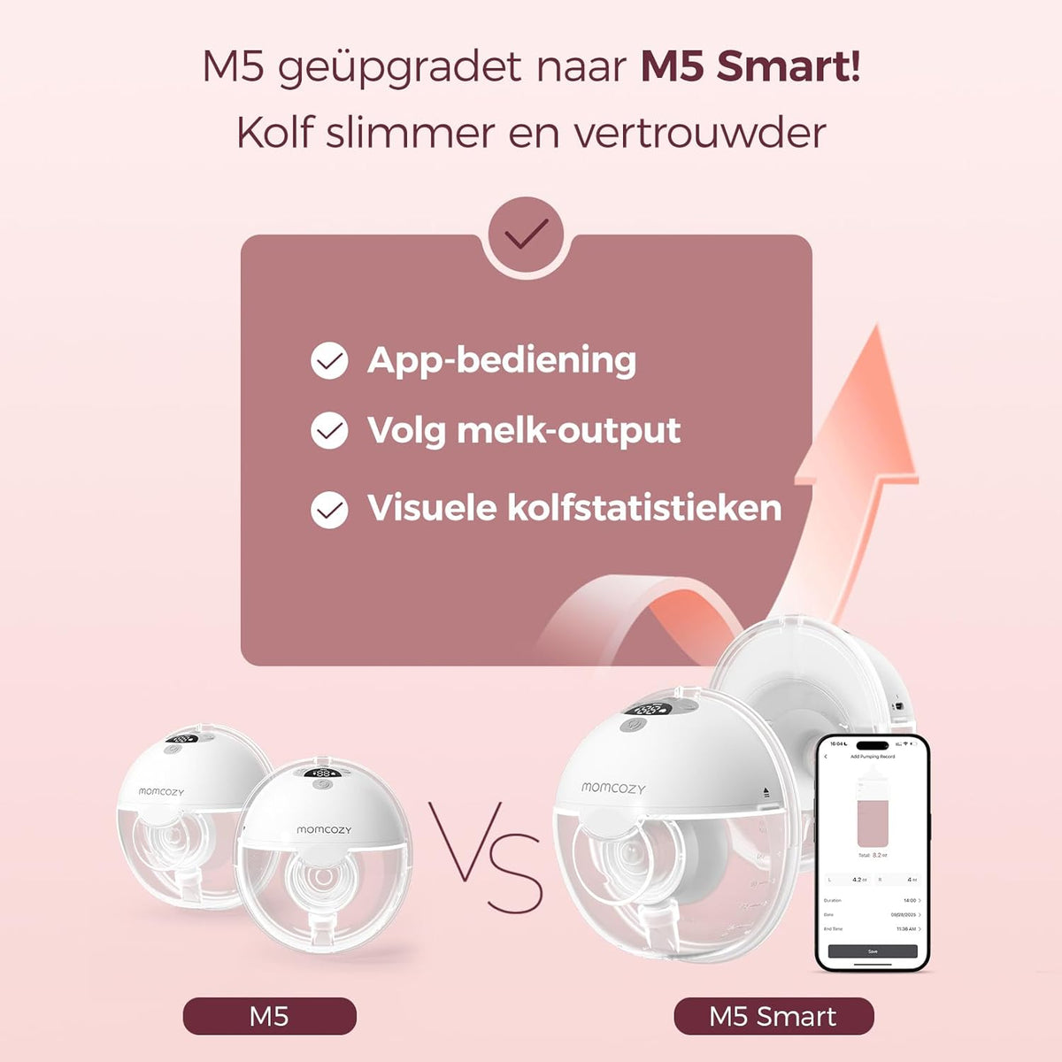Momcozy M5 Slimme Borstkolf – Handsfree Elektrische Kolf, App-Bestuurbaar, Draadloos, 3 Modi & 9 Zuigniveaus, 24 mm Tuit (Grijs, 2 Stuk)