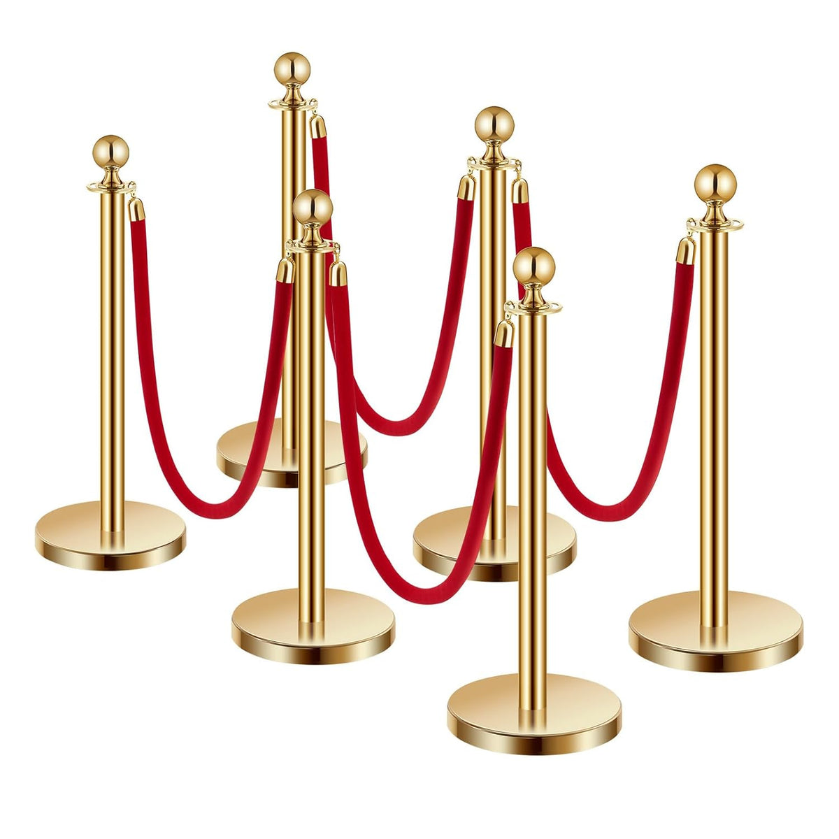 VEVOR Closing posts locking (6 pieces) for controlling crowds with 4 red velvet ropes (1.5 m long), stainless steel closing stand with refillable base for exhibitions gold