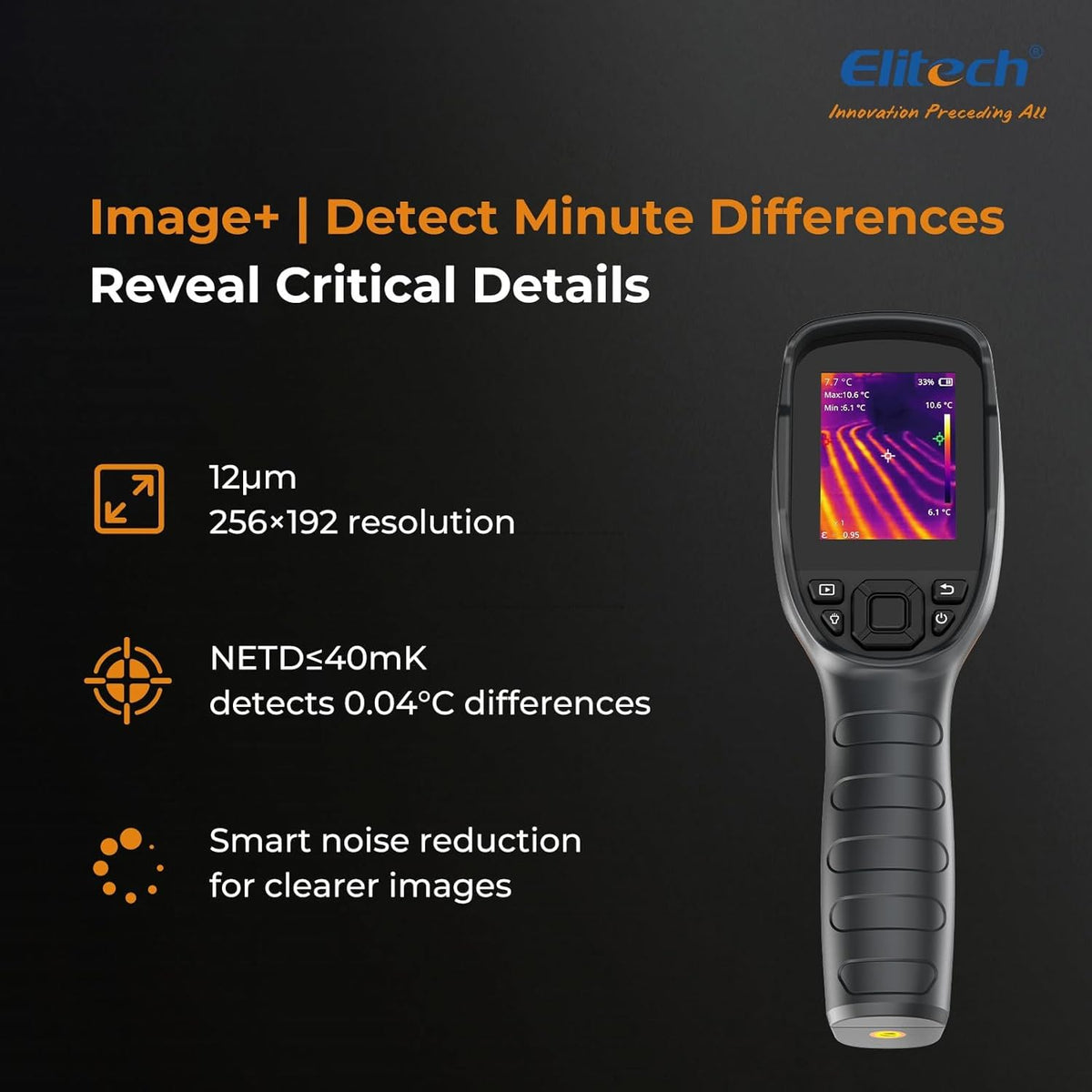 Elitech Warmtebeeldcamera 256 x 192 IR-resolutie, 25 Hz vernieuwingssnelheid, 2 MP zichtcamera, 3,5 inch LCD-display, IP54 water- en stofdicht, USB-C, -20 °C tot 550 °C, voor elektriciens, HVAC en