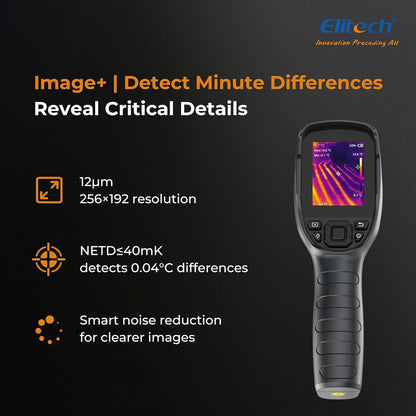 Elitech Warmtebeeldcamera 256 x 192 IR-resolutie, 25 Hz vernieuwingssnelheid, 2 MP zichtcamera, 3,5 inch LCD-display, IP54 water- en stofdicht, USB-C, -20 °C tot 550 °C, voor elektriciens, HVAC en