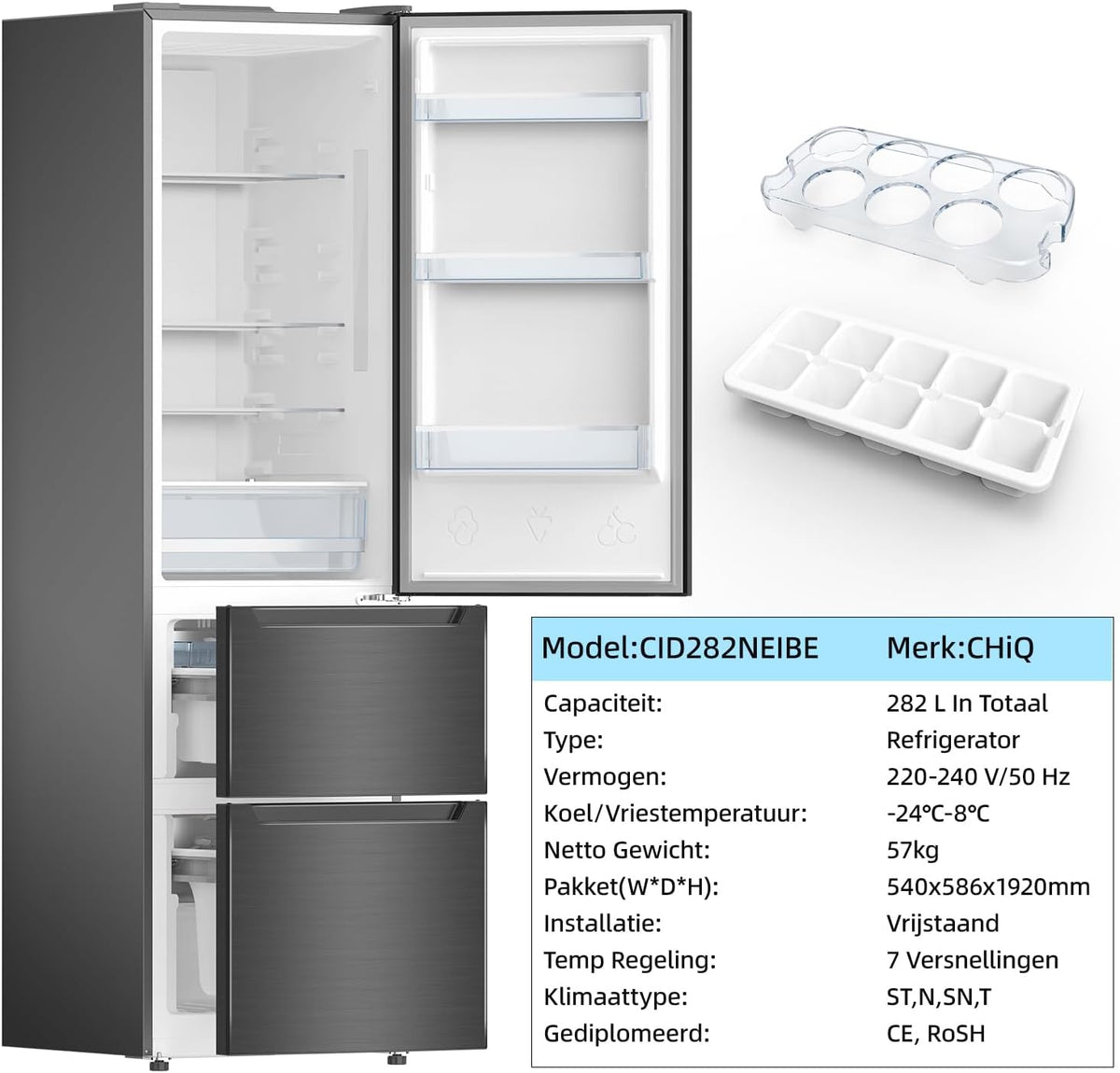 <font dir="auto" style="vertical-align: inherit;"><font dir="auto" style="vertical-align: inherit;">        CHiQ 282L Fridge-Freezer, 282L (197 + 85L), Frost Protection, Dual Inverter System, No Frost, Multi-Airflow, Intelligent Touch, Electronic Compress