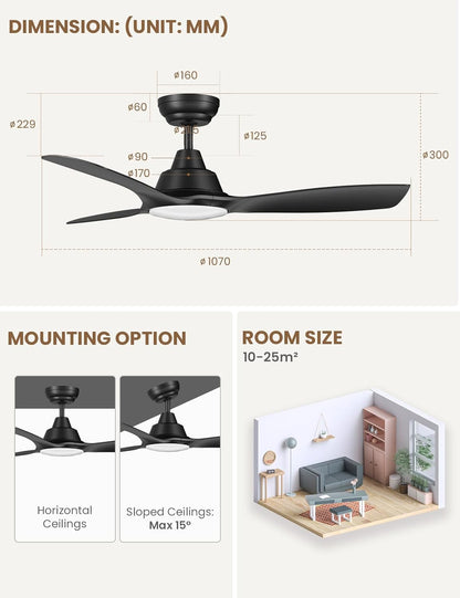 CJOY Plafondventilator Met Licht, Dimbare LED Plafondventilator met Verlichting 107cm, Moderne Plafondventilator met Verlichting, Zomer- en Wintermodi, 6 Windsnelheden, 3000K/4000K/6500K, Timer