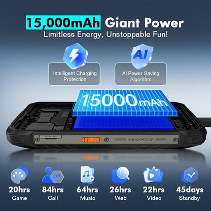 Blackview Rock 1 Android 16 Outdoor mobiele telefoon zonder abonnement, 24GB + 256GB/2TB Outdoor Smartphone Gemini AI, 15000mAh, 20MP + 16MP, 6,56" HD+ Dual Pantalla, IP68 waterdichte