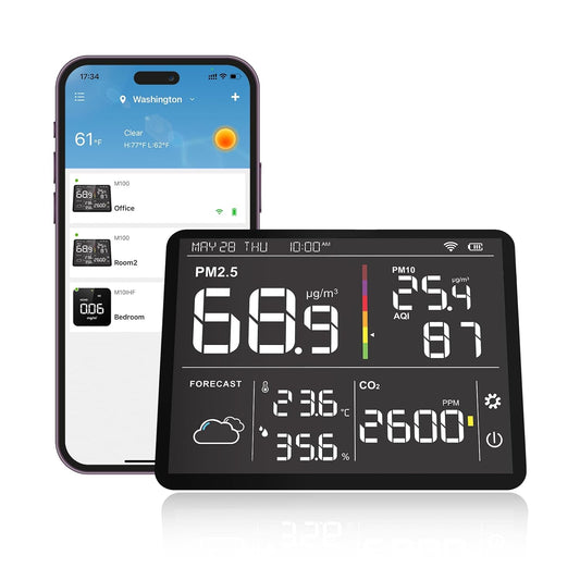 Temtop M100-UP Luchtkwaliteitsmeter, weerstation, 2,4 G wifi, bluetooth-thermometer met app, 8-in-1 luchtkwaliteitsmeter (PM2.5/CO2/temperatuur/vochtigheid)