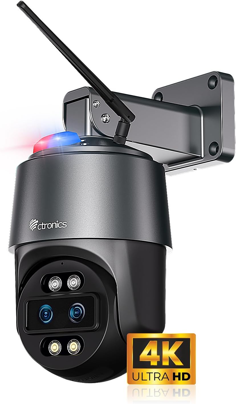 [10X Hybrid Zoom] Ctronics 4K 8MP Outdoor Security Camera with Dual-Lens, Auto Tracking & Zoom, 2.4/5GHz WiFi, AI Human/Vehicle/Animal Detection, 256GB TF/Cloud/FTP/NAS Storage, Color Night Vision