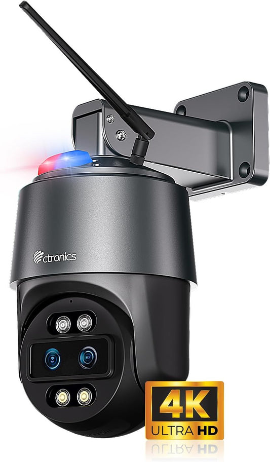 [10X Hybrid Zoom] Ctronics 4K 8MP Outdoor Security Camera with Dual-Lens, Auto Tracking & Zoom, 2.4/5GHz WiFi, AI Human/Vehicle/Animal Detection, 256GB TF/Cloud/FTP/NAS Storage, Color Night Vision