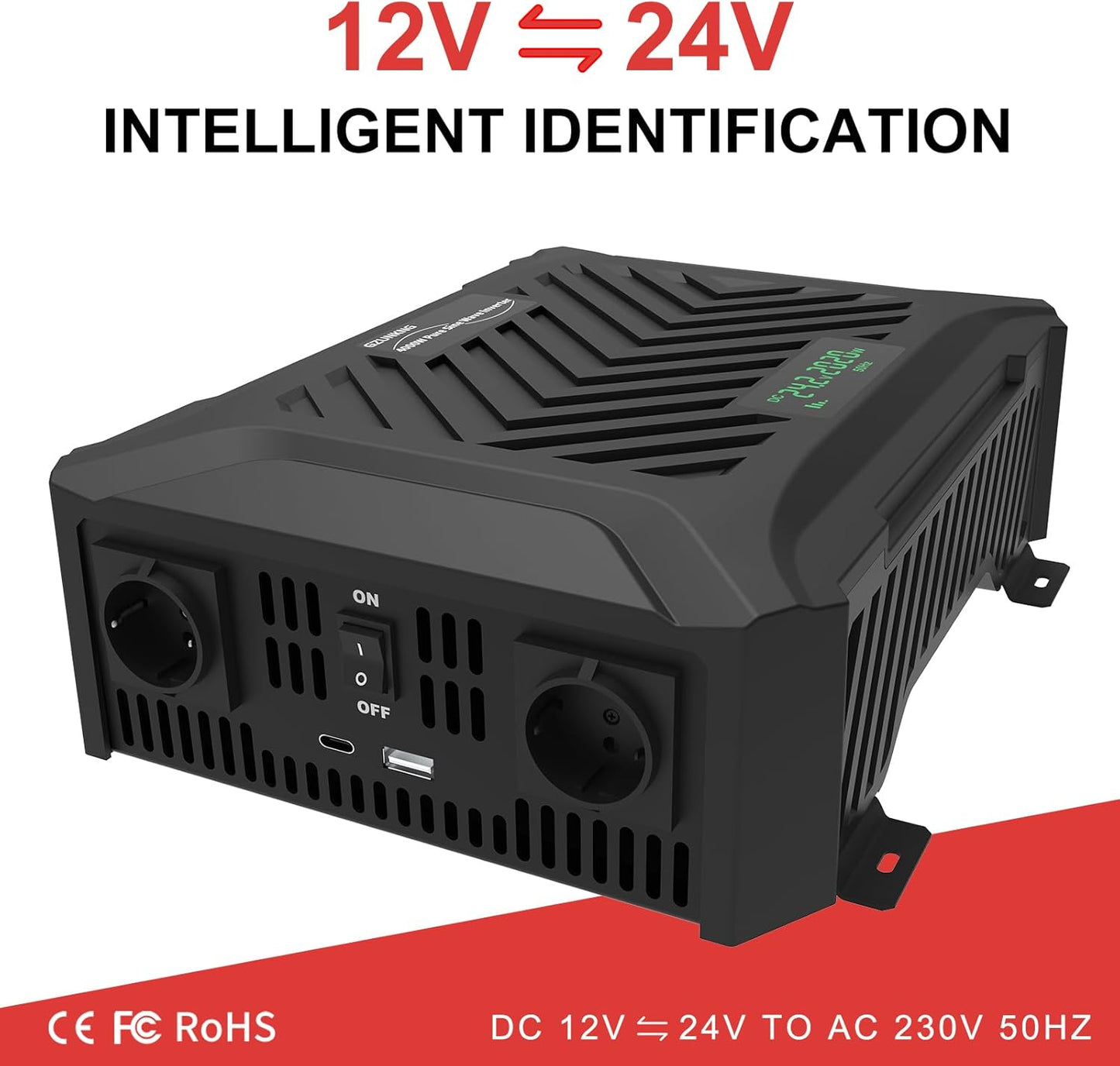 Omvormer 12V/24V Naar 230V – Spanningsomvormer – Zuivere Sinus Omvormer – Inverter – DC Naar AC Omvormer – Automatische 12V/24V Detectie – 2000W Continu, 4000W Piekvermogen