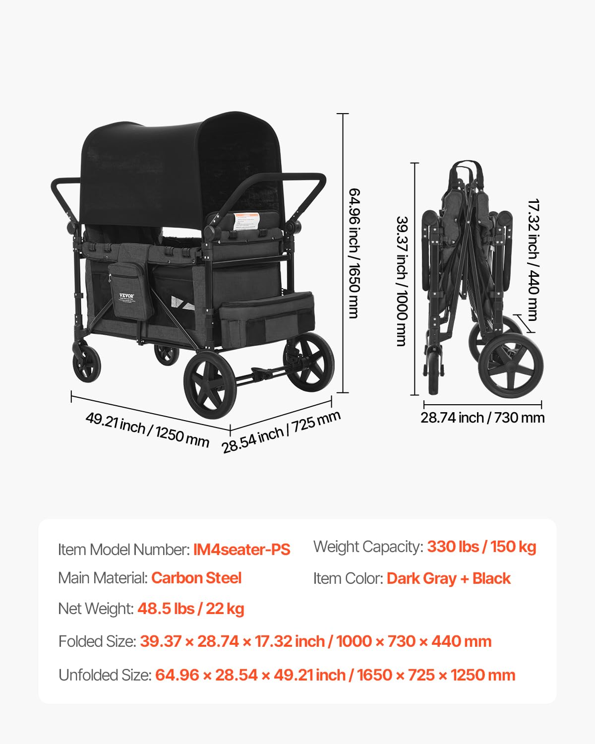 VEVOR Wagon Kinderwagen voor 4 kinderen, Push Pull Quad Opvouwbare Kinderwagen met Verstelbare Handvat, Veiligheidsharnas & Afneembare Luifel, 4-zits Kinderwagen voor Camping, Donkergrijs & Zwart (350
