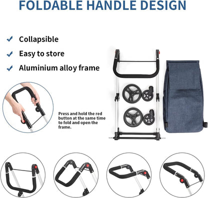 Boodschappentrolley, 4 wielen aluminium winkelwagentje, 46L opvouwbare boodschappentrolley met geïsoleerde koeltas (blauw)