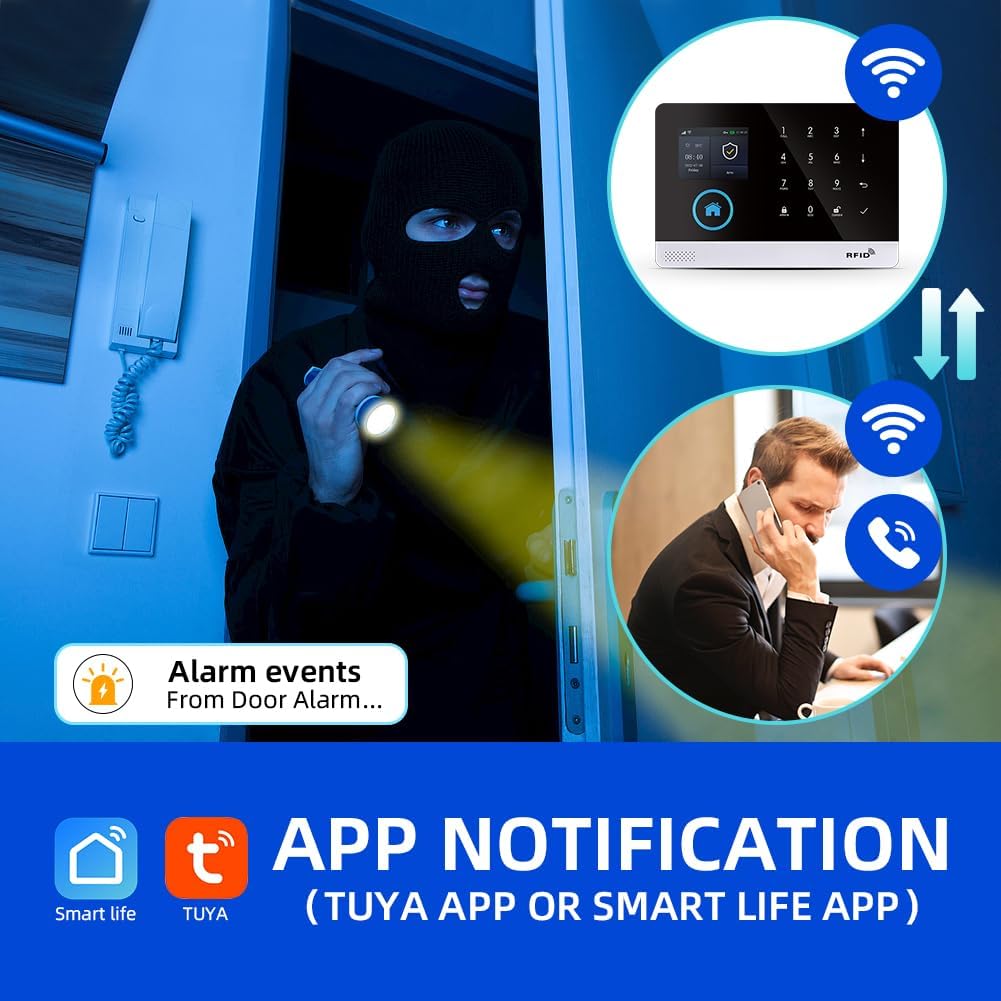 XNY GSM Draadloos huisalarm, wifi-diefstalbeveiliging met app-bediening, 16 stuks (bewegingsmelder, deur- en raamsensor, sirene, afstandsbediening), compatibel met Alexa