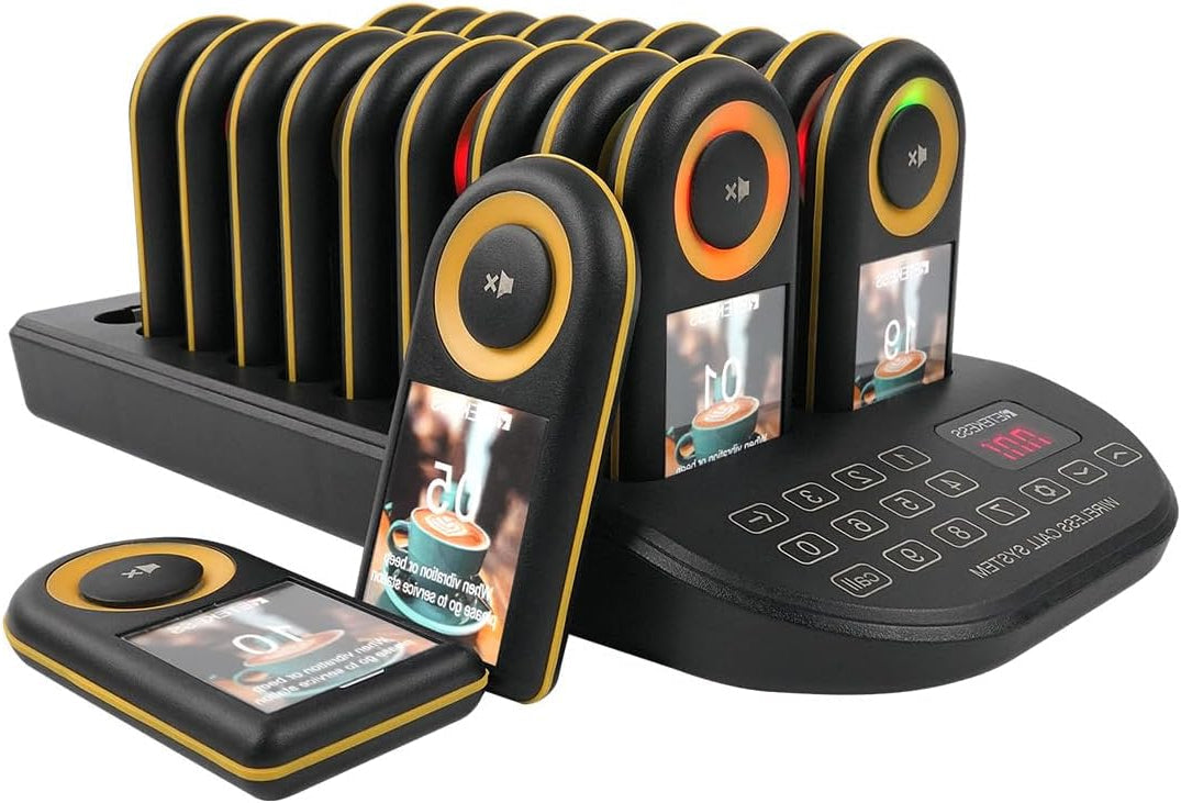 Retekess TD169 Call System Restaurant, Pager System, 500M, Alarm Outside Range, 7 Ringtones, 31 Prompt Modes, 24 Hours Stand By Time, IP67, Calling System Pager for Cafe, Bars, Hotel (20 Pagers) - QUORE