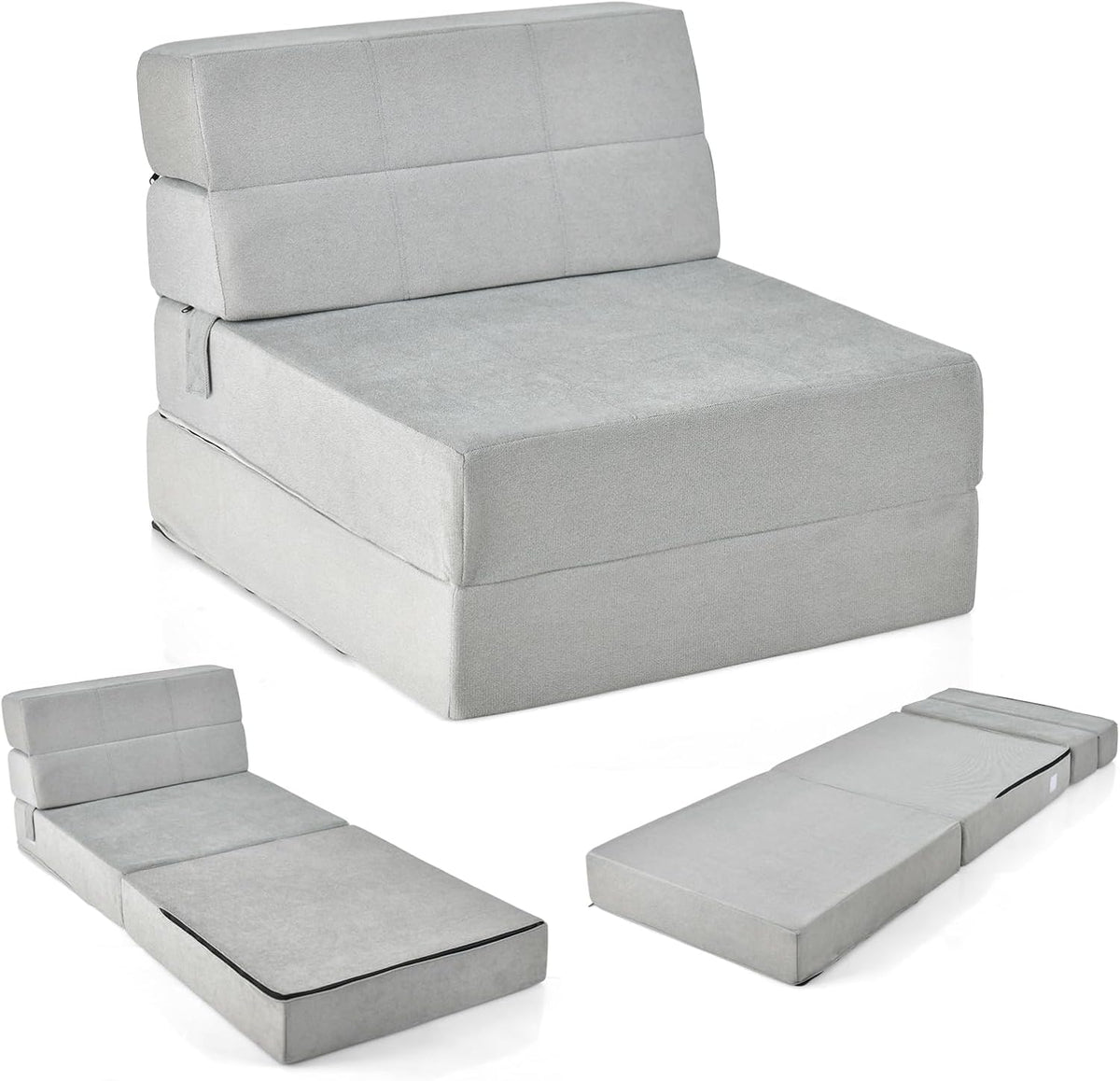 FANTASK 3-in-1 inklapbare slaapbank, klapmatras, schuimrubber, extra dik (15 cm), bankbed, vloermat, vouwmatras, gastenmatras met afneembare en wasbare overtrek, 190 x 71 x 15 cm, grijs