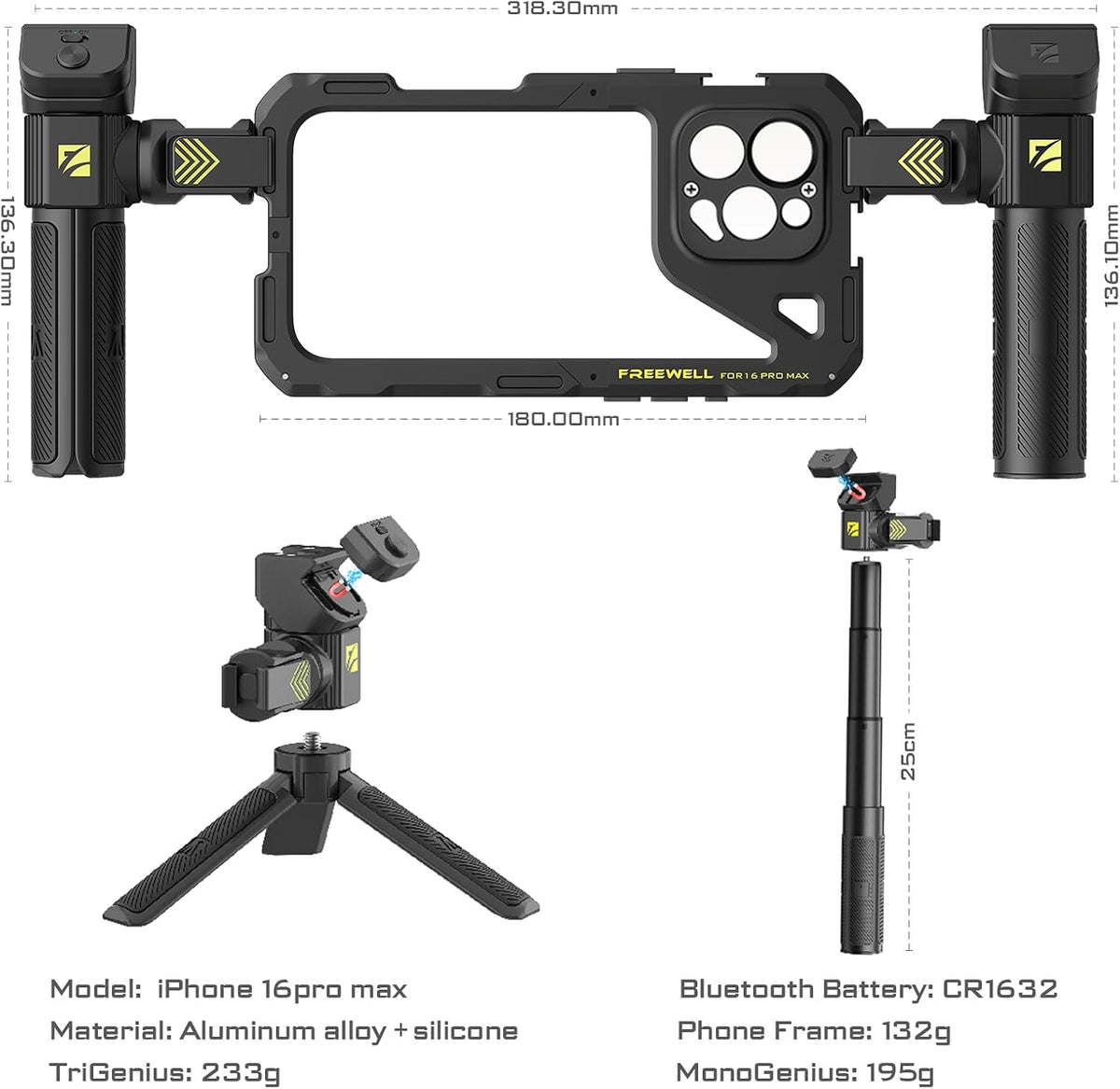 Freewell Genius Rig Cage voor iPhone 16 Pro Max - gereedschapsvrije installatie, multifunctioneel statief en monopod handgrepen, Bluetooth-afstandsbediening