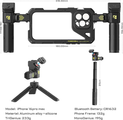 Freewell Genius Rig Cage voor iPhone 16 Pro Max - gereedschapsvrije installatie, multifunctioneel statief en monopod handgrepen, Bluetooth-afstandsbediening