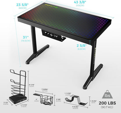 EUREKA ERGONOMIC Glazen gamingtafel met RGB 110 x 60 cm gaming bureau glas gamer PC computertafel met muzieksynchronisatie, app-bediening, hoofdtelefoonhaak, bekerhouder