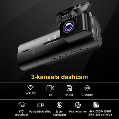 Dash Cam voor en achter binnen, 3-kanaals dashcam voor auto, 5G WiFi-autocamera met 64GB SD-kaart, 4K+1080P+1080P Triple Lens Dash Camera, 3,1 inch scherm, 170° groothoek, nachtzicht, parkeermodus