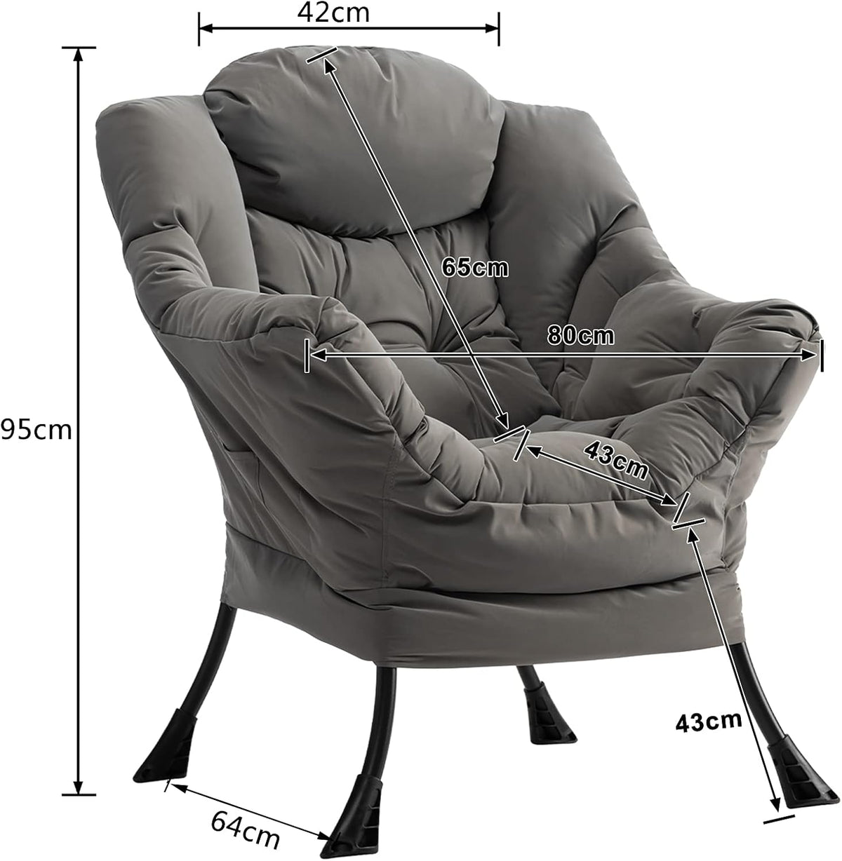 Luie stoel lounge stoel met armleuningen en zijvak relax fauteuil met moderne waterproof stof en stalen frame, Grijs